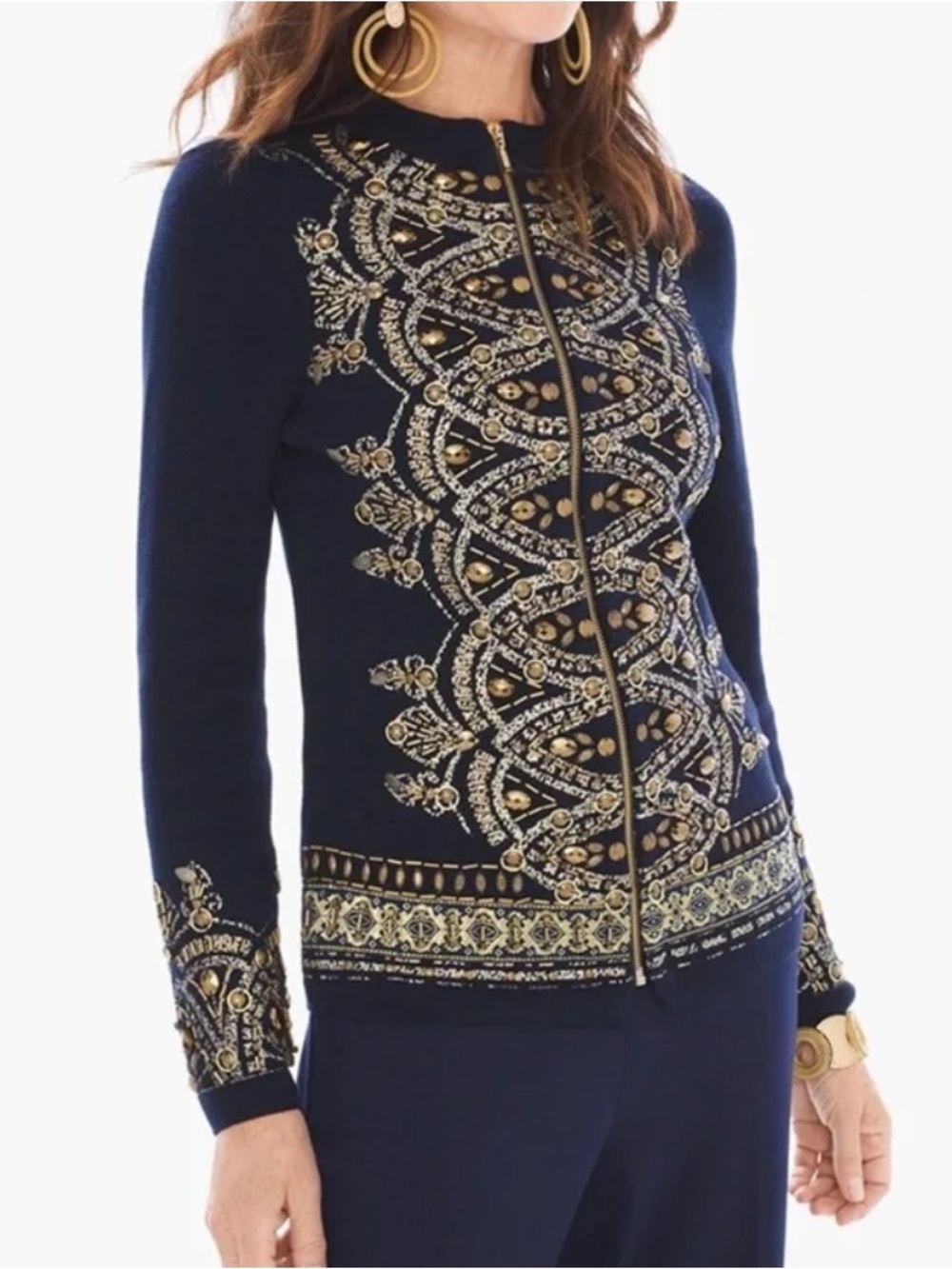 Chico's Deep Navy Zip-Front cardigans with Gold Embellished Novelty Detailed